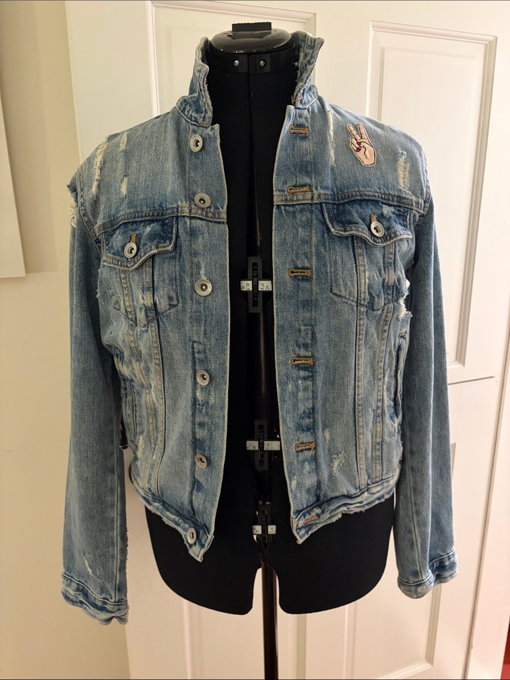 Zara Light Blue Distressed Denim Jacket with Peace Patch